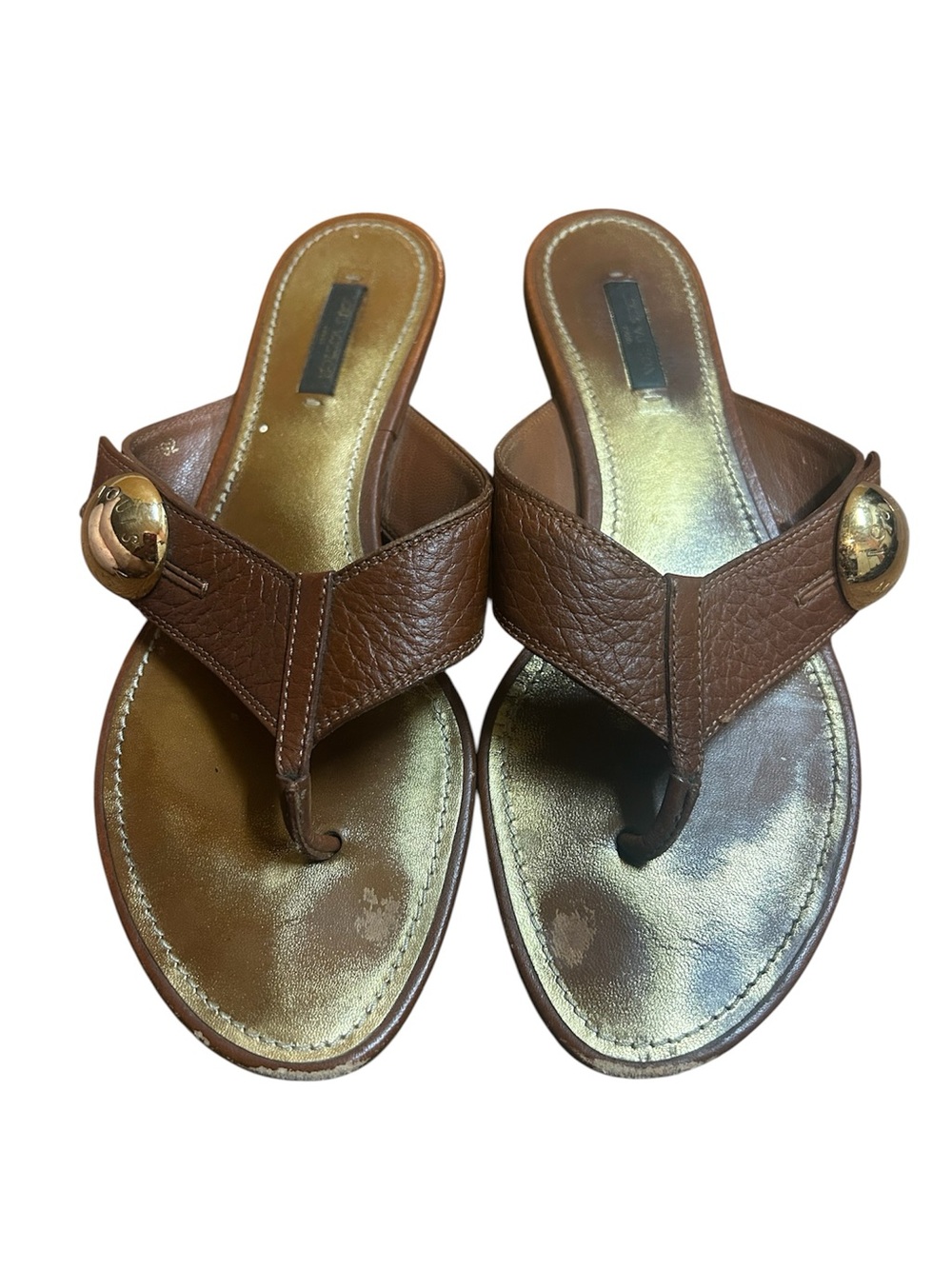 Louis Vuitton Brown Leather Thong Sandals with Gold Accent